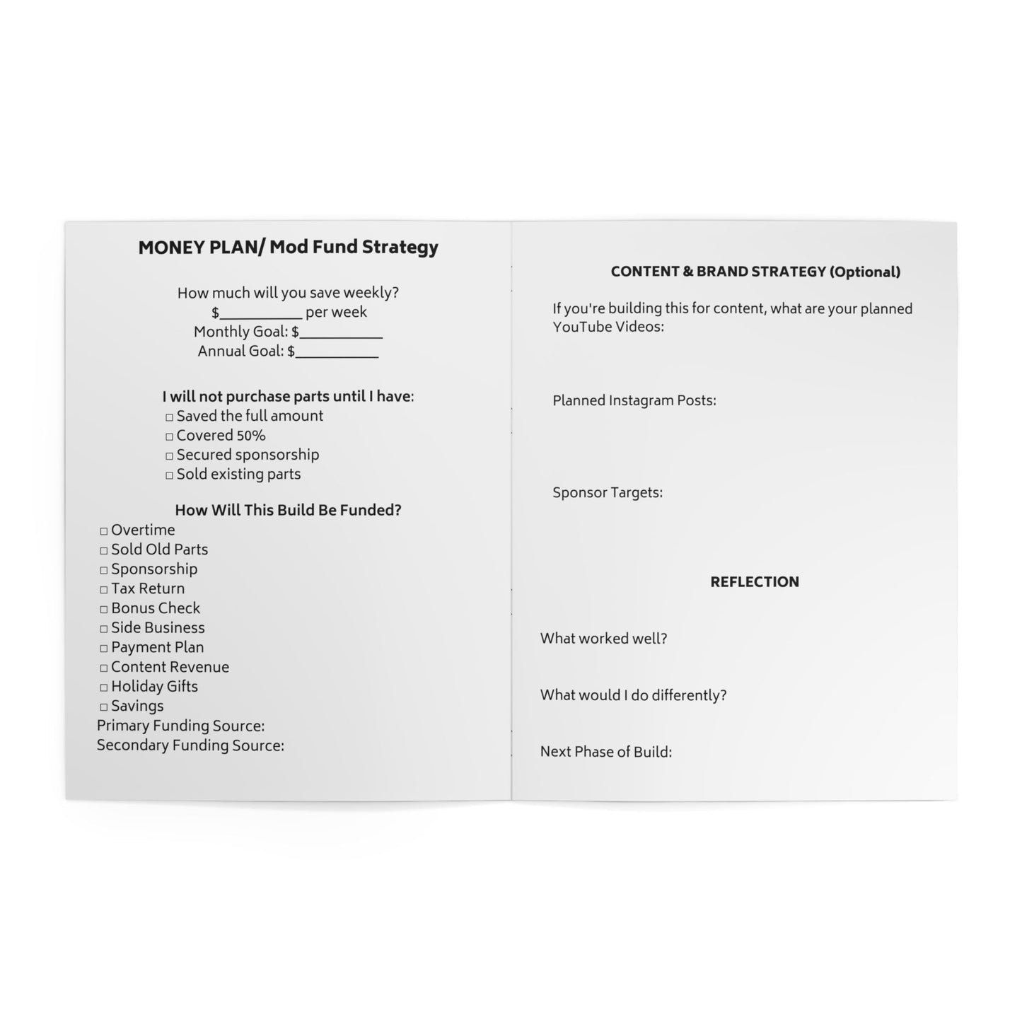 Vehicle Modification & Funding Planner – Car Build, Budget & Performance Log Book